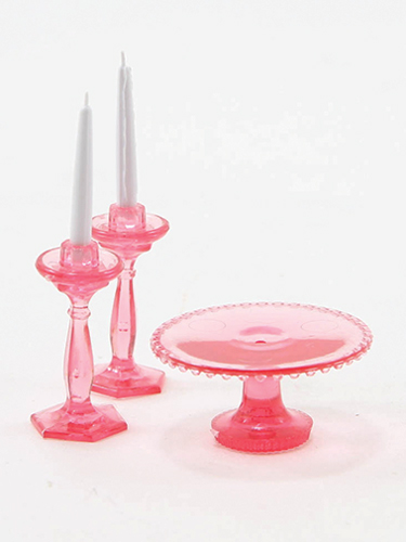 Dollhouse Miniature Cake Plate W/2 Candlesticks, Pink
